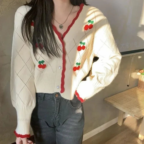 Sweet Cherry Button-Up Patchwork Knit Cardigan WHITE / One Size cardiagn-250126