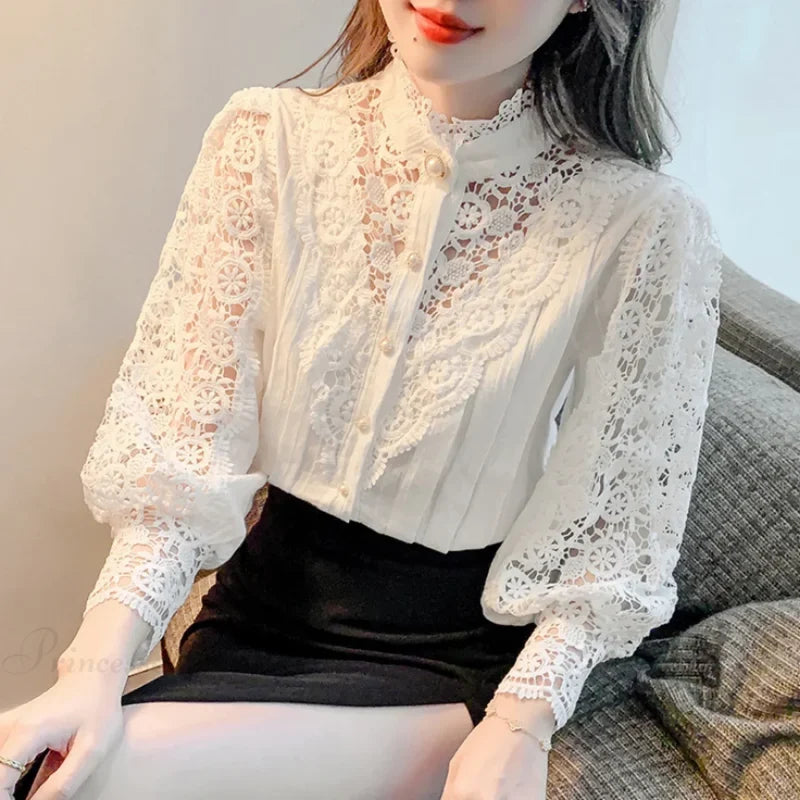 Sweet Hollow Lace Patchwork Button White Blouse blouse-250126