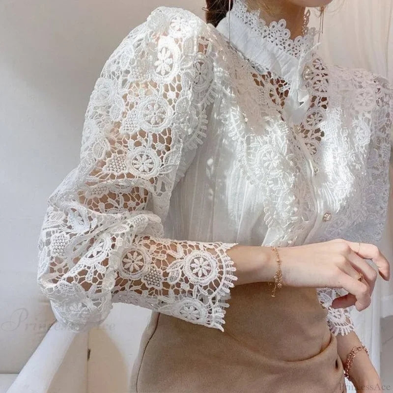 Sweet Hollow Lace Patchwork Button White Blouse WHITE / S blouse-250126