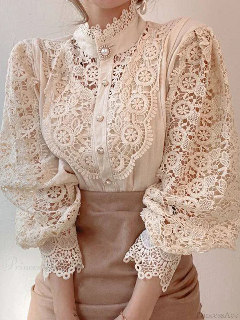 Sweet Hollow Lace Patchwork Button White Blouse APRICOT / S blouse-250126