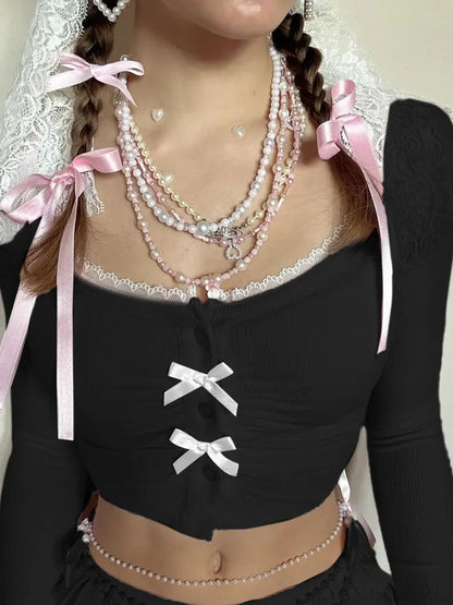 Sweet Slim Bow Lace Trim Cropped Square Collar Knit Top Black / S knittop-250126