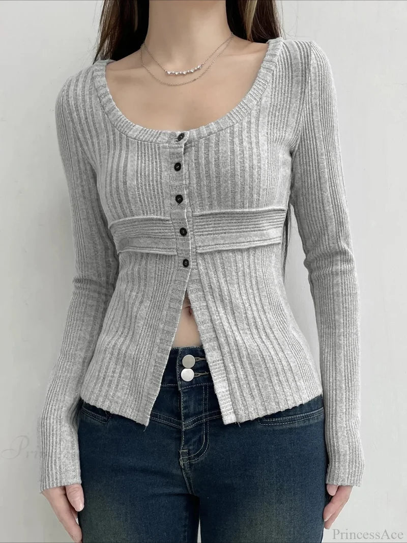 Sweet Solid Split Square Collar Long Sleeve Knit Top GRAY / S knittop-250126