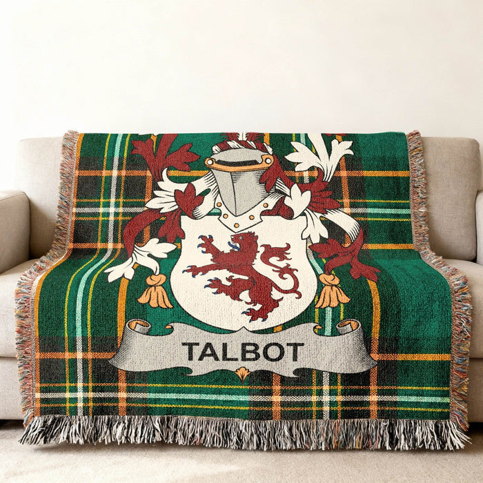 Talbot family crest on an Irish National Tartan woven cotton throw.