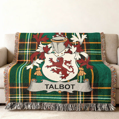 Talbot family crest on an Irish National Tartan woven cotton throw.