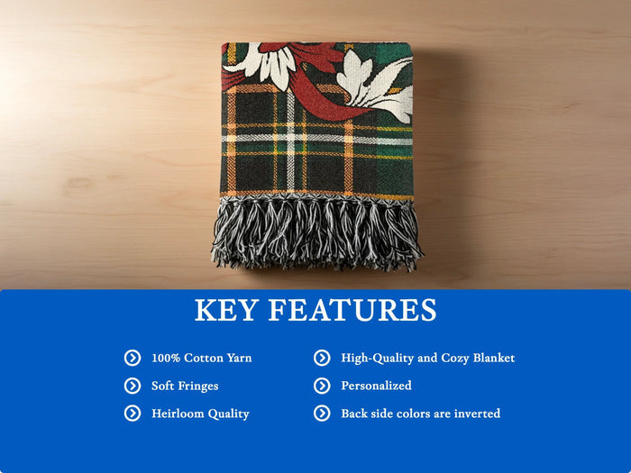 Key features of the Talbot 100% cotton woven blanket with fringed edges.