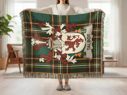 Talbot family crest tartan woven blanket shown at full scale.
