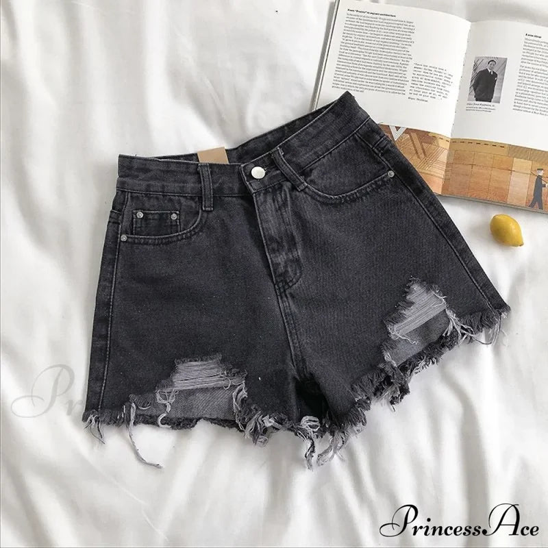 Tassel Detail Shorts Waist High And Denim With For Pockets Women Dark Gray / S 42Kg- 47Kg