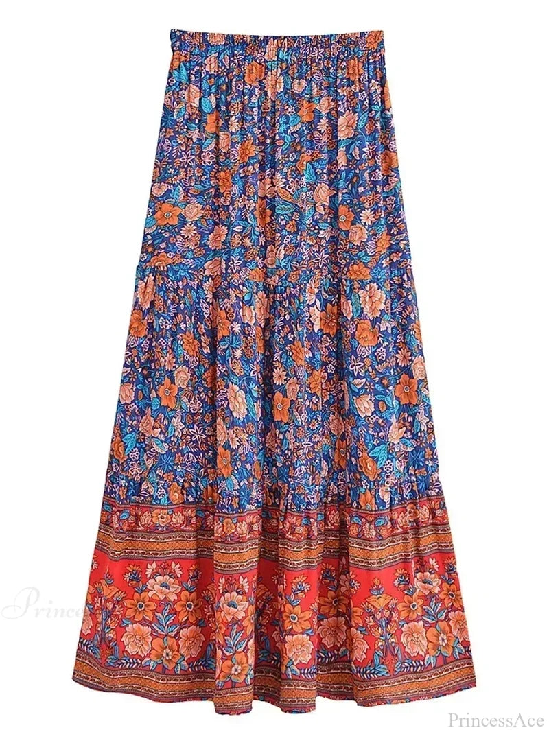 Tassel Floral Print Beach Boho Pleated Maxi Skirt Femme skirt-250126