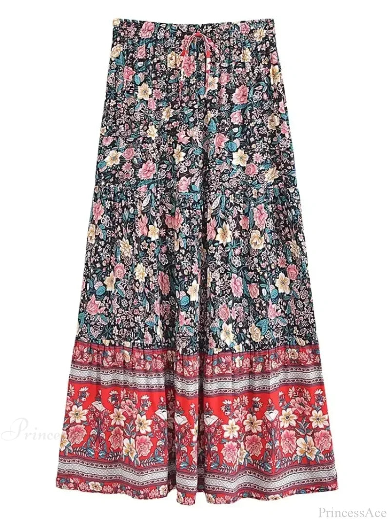 Tassel Floral Print Beach Boho Pleated Maxi Skirt Femme skirt-250126