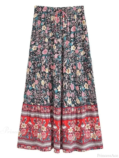 Tassel Floral Print Beach Boho Pleated Maxi Skirt Femme skirt-250126