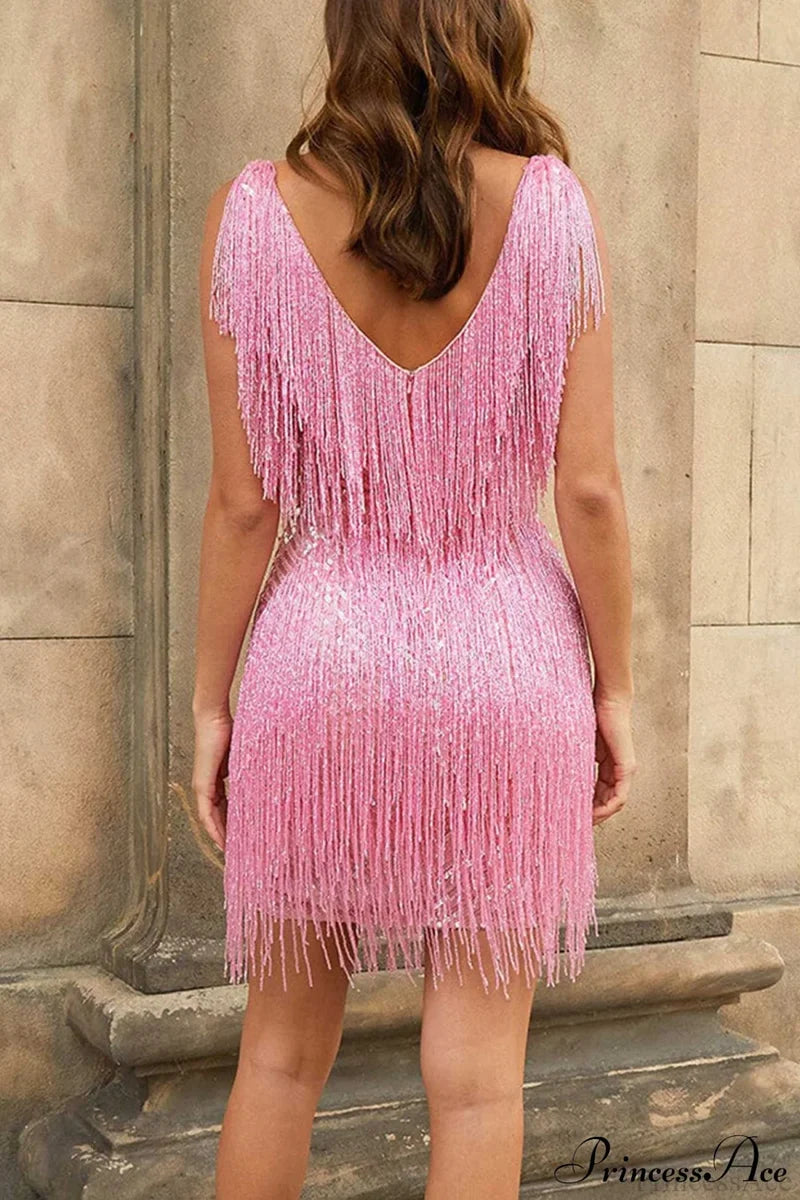 Sequins Tassel Tank Dress Pink / L Mini Dresses