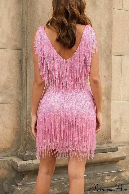 Sequins Tassel Tank Dress Pink / L Mini Dresses