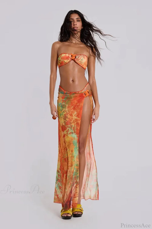 Tassel Skirt Beach Style Long Bikini Set orange / S
