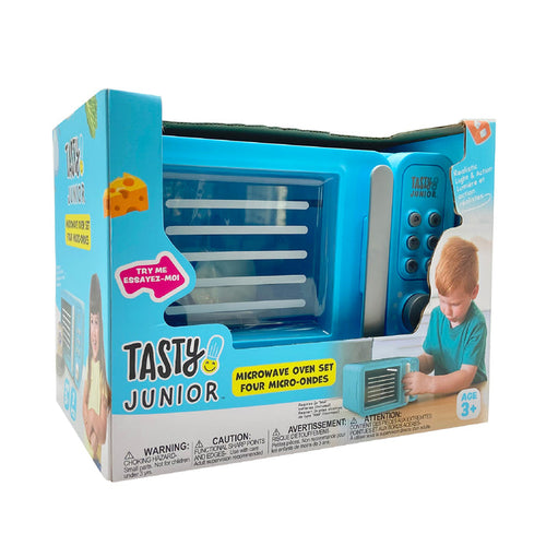The Red Toolbox Tasty Junior Pretend Play Microwave Set is a blue microwave toy for children ages 3+, packaged with a photo of a child using pretend food and product details in multiple languages.
