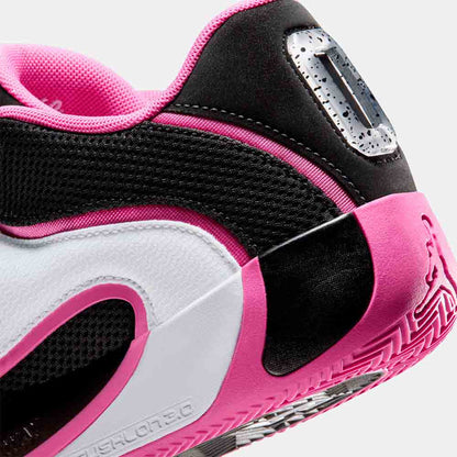 Up close, rear view of the Jordan Tatum 4 "Black Pinksicle".