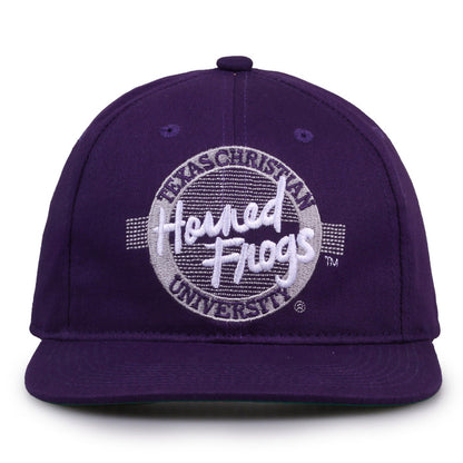 TCU Retro Circle snapback hat in purple, front view