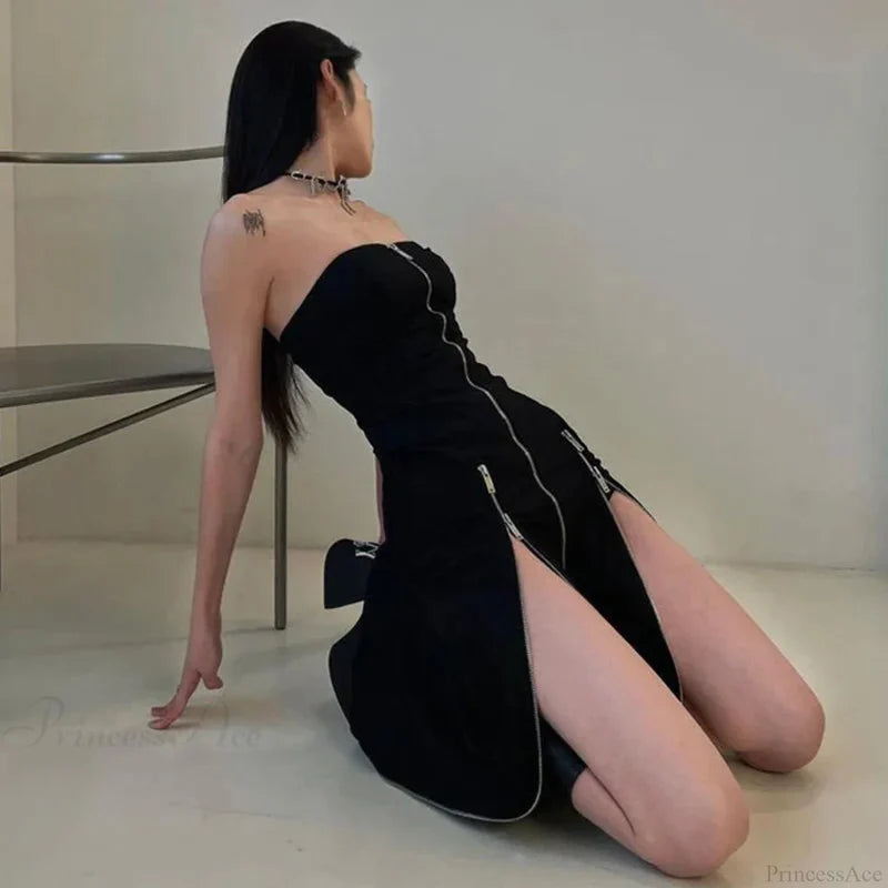 Technical Zip Up Split Ebony Midi Dress