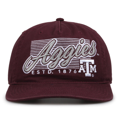 Texas A&M Aggies Original Heritage Script Snapback in dark maroon, front view showing embroidered school script