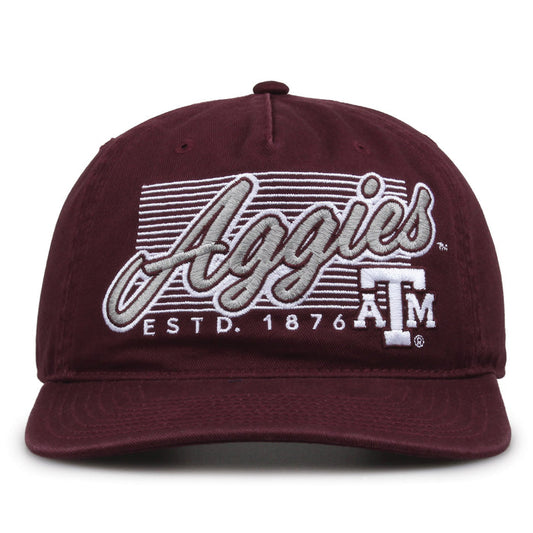 Texas A&M Aggies Original Heritage Script Snapback in dark maroon, front view showing embroidered school script