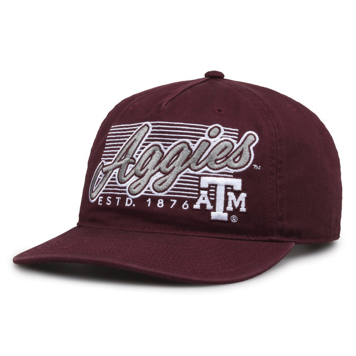 Texas A&M Aggies Original Heritage Script Snapback in dark maroon, angled front view showing matching crown and brim