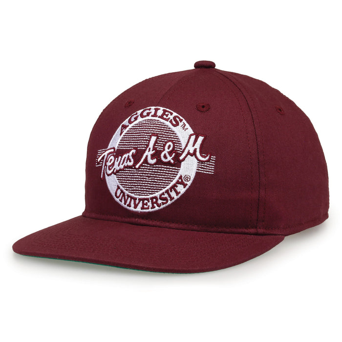 Texas A&M Retro Circle snapback hat in maroon, angled view
