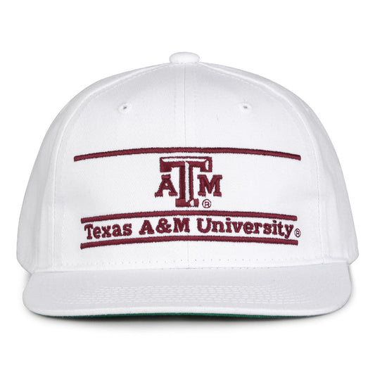 Texas A&M Retro Bar snapback hat in white, front view