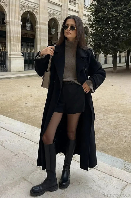 Thicken Double Button Lapel Coat Black / S