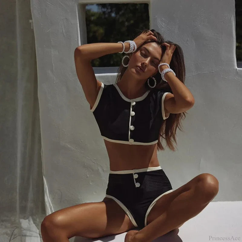 Thong High Waist Solid Bikini Set