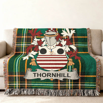 Thornhill family crest on an Irish National Tartan woven cotton throw.