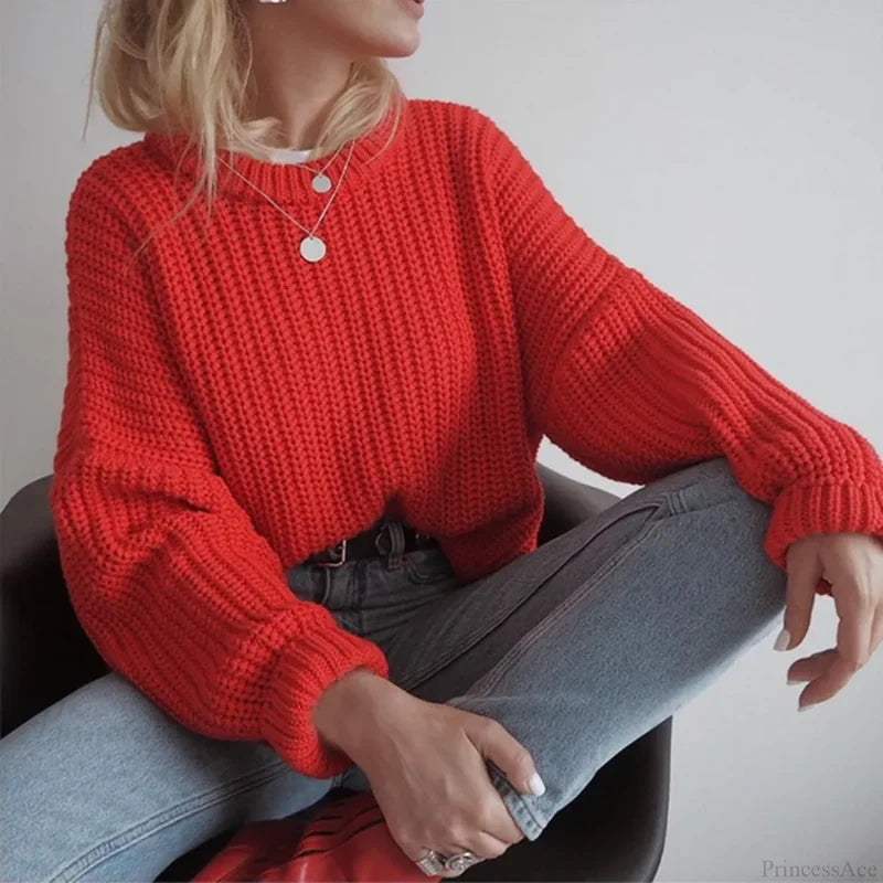 Three - Quarter Sleeve Elegant Khaki Sweater Red / S