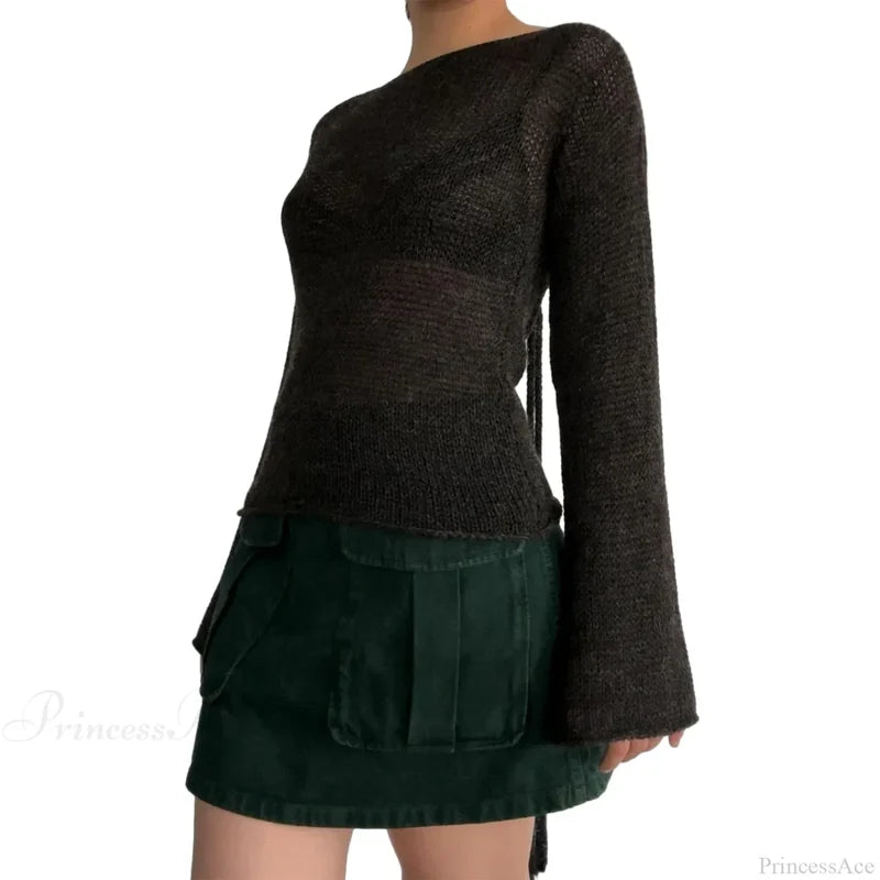 Tie Back Boat Neck Solid Color Sweater Black / S