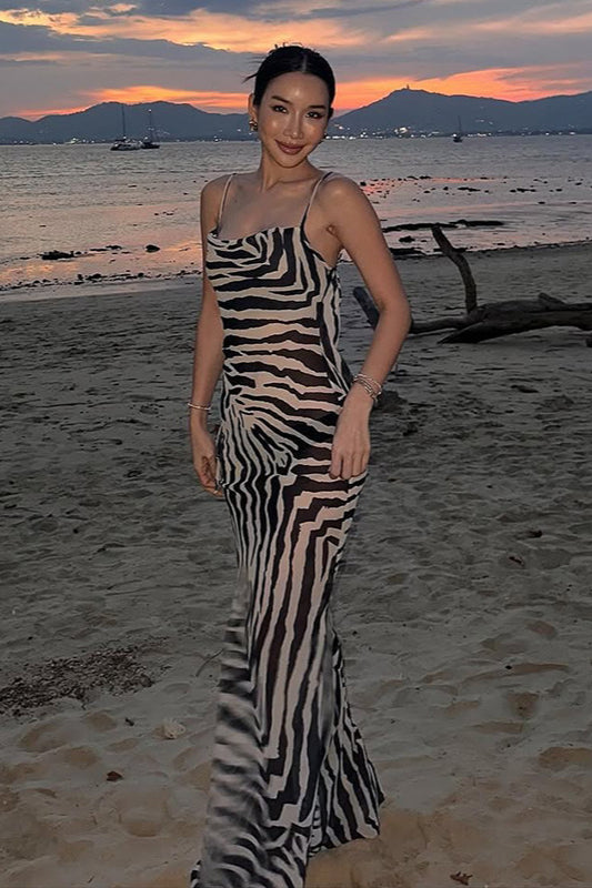 Tie Back Zebra Print Slim Fit Maxi Dress