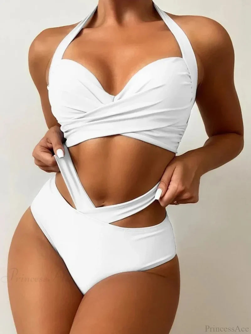 Tie Dye Lace Up Back Halter Two Piece Set White / S