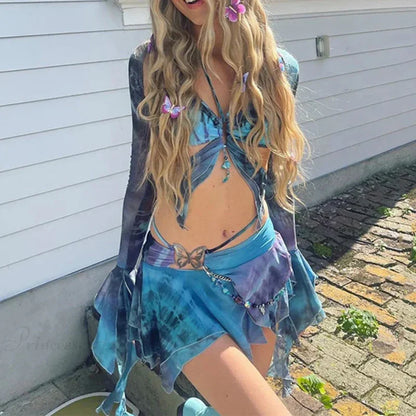 Tie Dye Print Backless Bandage Halter Two Piece Set twopieceset-250223