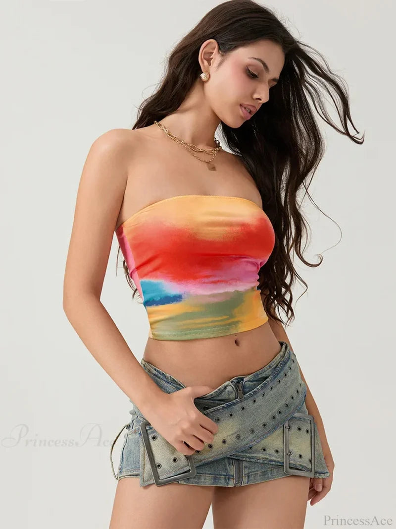 Tie-dyed Wrap Strapless Sleeveless Off-shoulder Tube Top croptop-250126