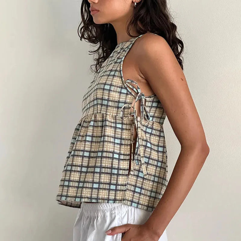 Tie-Up Peplum Plaid Crop Top
