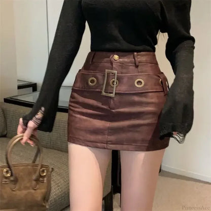 Tight Hip-Wrapped Leather Skirt Red / S skirts-250223