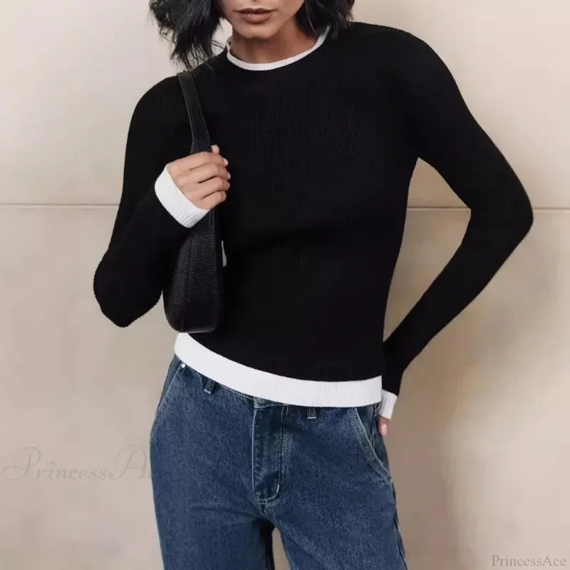Tight Slim Long Sleeve O-neck Sweater Black / S