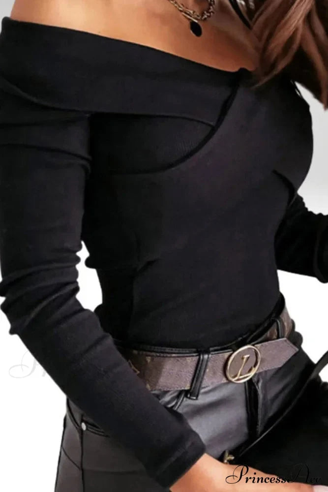 Top - Ribbed Casual Arm V Neck Crossed Long Black Tops