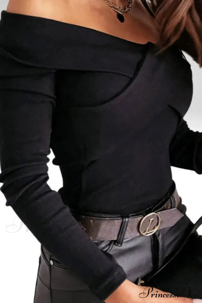Top - Ribbed Casual Arm V Neck Crossed Long Black Tops