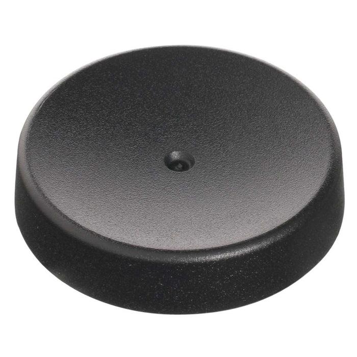 A round, flat, black plastic base with a central hole for displaying the Toy Science 3-D Mirascope by Toy Science, a model used to demonstrate optics and create optical illusions.