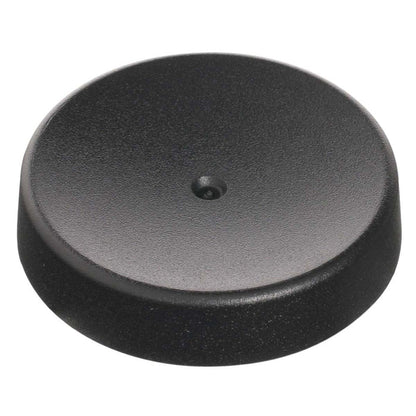A round, flat, black plastic base with a central hole for displaying the Toy Science 3-D Mirascope by Toy Science, a model used to demonstrate optics and create optical illusions.
