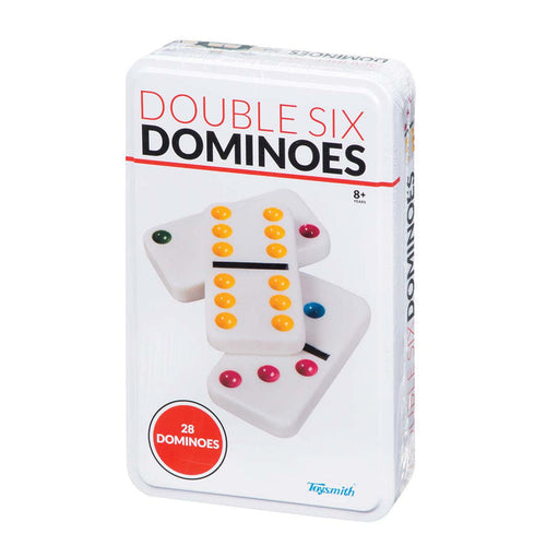 The Toysmith Double 6 Dominoes set by Toysmith features 28 colorful dominoes in a collectible tin for ages 8+. The front shows two pieces: one with six yellow dots, another with five red and one yellow dot—perfect for games like Mexican Train.