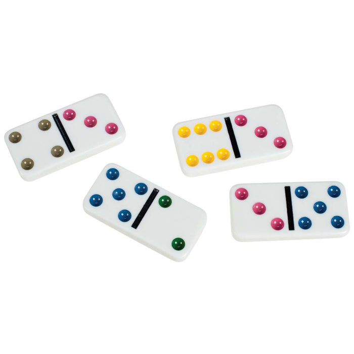 Four Toysmith Double 6 Dominoes by Toysmith, white with colorful smiley face pips, on a white background.