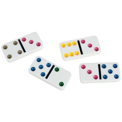 Four Toysmith Double 6 Dominoes by Toysmith, white with colorful smiley face pips, on a white background.