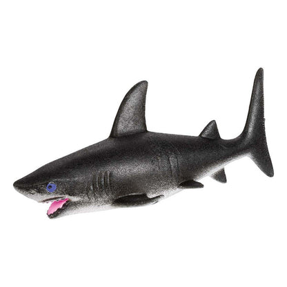 The Toysmith Ginormous Grow Shark, a black shark toy with an open pink mouth, blue eyes, and a dorsal fin, is displayed against a white background.