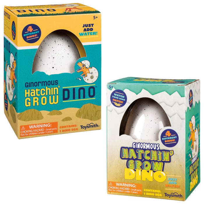 Two colorful Toysmith Ginormous Hatchin' Grow Dino Egg boxes show a large dino egg inside. Just add water to hatch the toy and watch it grow! Fun activity for kids, ages 5+.