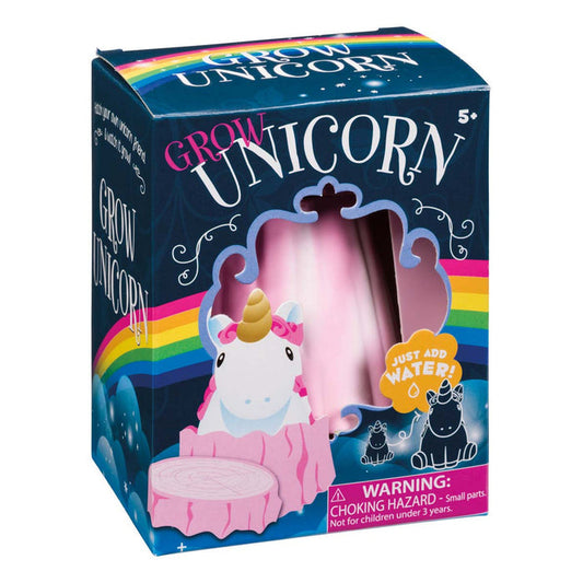 The Toysmith Grow Unicorn by Toysmith is a water-activated toy with unicorn and rainbow art. The package says "Just add water!" and warns of a choking hazard for children under 3 years.