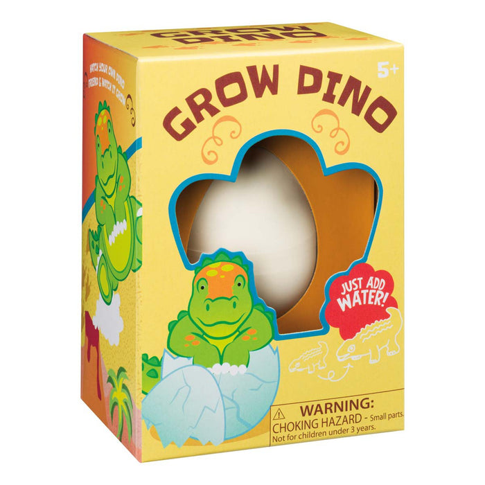 The Toysmith Hatchin' Grow Dino by Toysmith features a cartoon dinosaur hatching from an egg, visible through a dino-shaped window. Just add water to grow your dino! Warning: Choking hazard for children under 3 years.