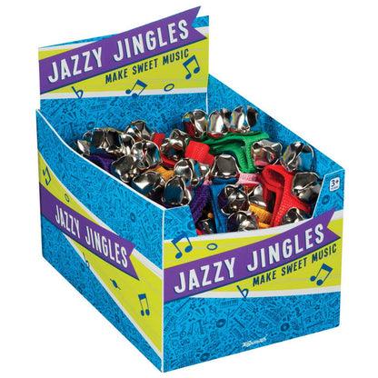 The Toysmith Jazzy Jingles display box holds colorful jingle bell bracelets with silver bells. Decorated with musical notes, this fun Toysmith product is a perfect holiday noisemaker and playful musical toy for kids.